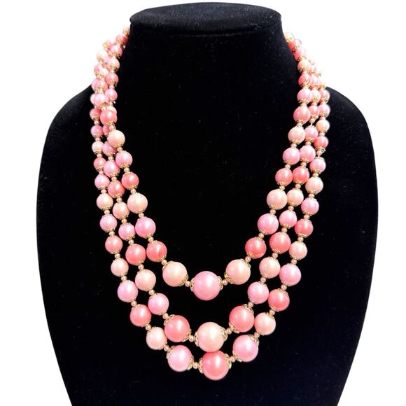 Vintage Japan 3 Strand Pink Beads Necklace faux pearl Matching Earrings